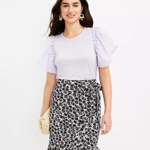 Loft Linen Black White Floral Print Wrap Skirt Ruffle Tie Flutter Office 14 Lg